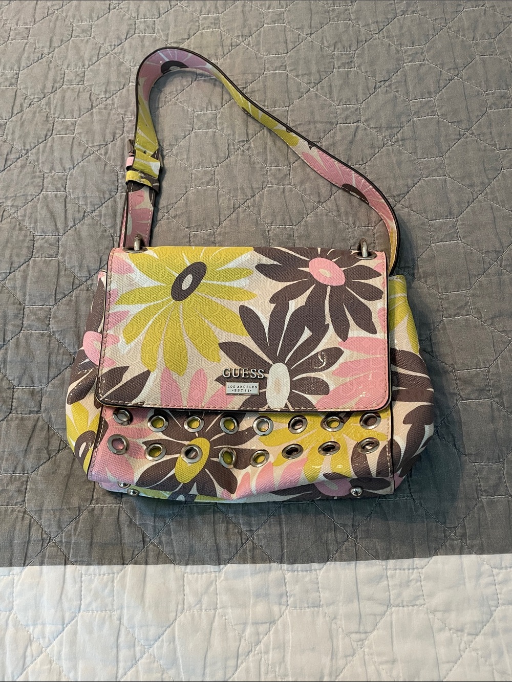 GUESS Floral Daisies Shoulder Bag in Pink, Yellow & Brown